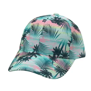Detailed view of the gradient tropical baseball cap with black coconut tree prints
