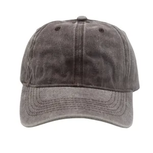 Detailed close-up of dark grey washed cotton baseball cap with vintage distressed texture