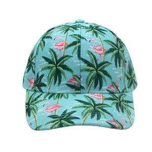 Detail of light blue baseball cap with tropical flamingo and palm tree prints