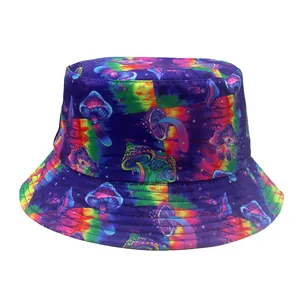 Detail of colorful mushroom pattern print and stitching on wide brim bucket hat