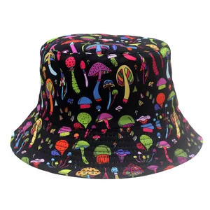 Detail of double-sided bucket hat featuring vibrant mushroom prints and reinforced stitching