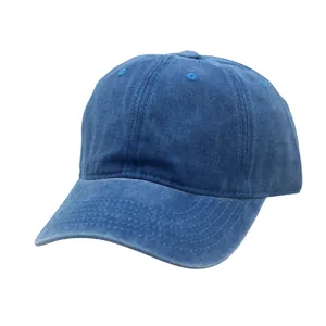 Detailed view of dark blue washed cotton baseball cap with vintage distressed texture
