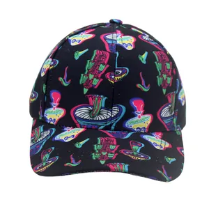 Close-up of black baseball cap featuring vibrant psychedelic mushroom print and cotton fabric