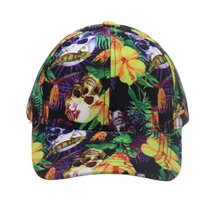 Detail shot of black baseball cap with tropical flower, lizard and skull prints