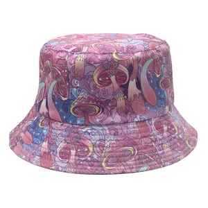 Detail of psychedelic mushroom print on purple reversible bucket hat with stitched brim