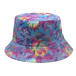 Detail of psychedelic bucket hat featuring colorful mushroom patterns and artistic eye designs