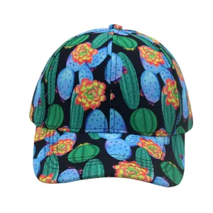 Close-up of black baseball cap with vibrant green cactus and succulent floral patterns
