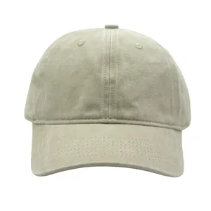 Detailed close-up of light khaki washed cotton baseball cap with reinforced stitching