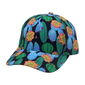 Detailed close-up of cartoon cactus print and sturdy brim on a black baseball cap