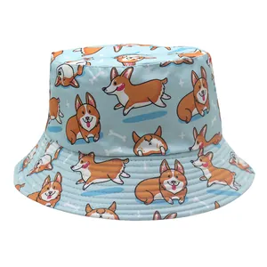 Reversible bucket hat with light blue canvas and cute cartoon Corgi print for sun protection