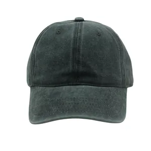 Front view of washed dark grey cotton baseball cap with vintage distressed texture