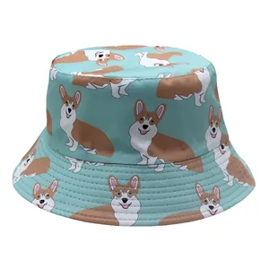 Reversible bucket hat with cute Corgi dog print in light green for outdoor sun protection