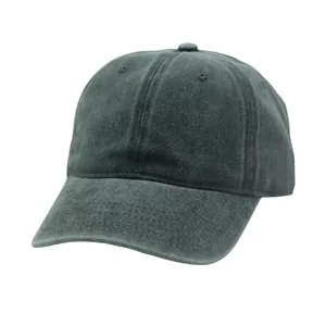 Detailed view of dark grey washed cotton baseball cap with classic six-panel design