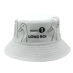 Close-up of white bucket hat featuring hand-drawn duck prints and Long Boi text logo
