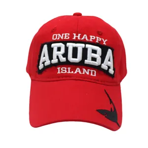 Red cotton baseball cap featuring ARUBA embroidery and black shark silhouette on brim