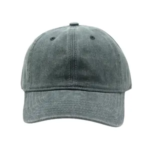 Close-up detail of washed charcoal grey cotton baseball cap showing vintage texture