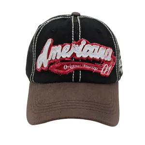 Detail of American embroidery and vintage 01 patch on washed canvas baseball cap