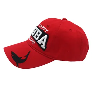 Detail of red cotton baseball cap featuring embroidered letters and shark pattern