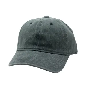 Close-up of the vintage washed dark grey cotton baseball cap with premium stitching detail