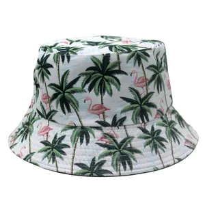 Detail of flamingo and palm tree prints on durable canvas bucket hat with reinforced stitching
