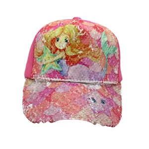 Cappellino rosa da bambino con motivo a sirena in paillettes reversibili su bianco