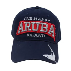 Dark blue Aruba baseball cap with shark embroidery and One Happy Island text logo