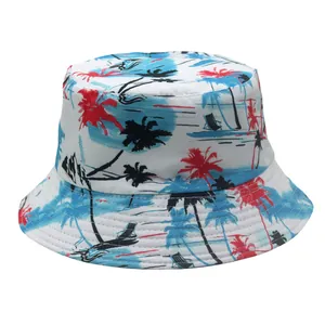 Detail of tropical palm tree print on white bucket hat with beach elements patterns