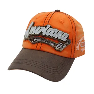 Vintage orange baseball cap with Americana embroidery and distressed leather brim