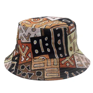 Close-up of retro geometric pattern print on canvas bucket hat in earth tones
