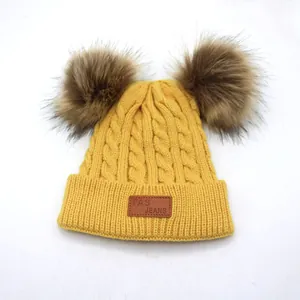 Kids Double Pom Pom Knitted Beanie Cable Knit Winter Warm Hat With Faux Fur Pom Poms For Boys Girls Toddlers