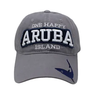 Detail of ARUBA letter embroidery and shark print on grey baseball cap brim