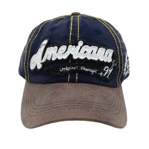 Detailed view of Americana embroidery and vintage stitching on the blue baseball cap