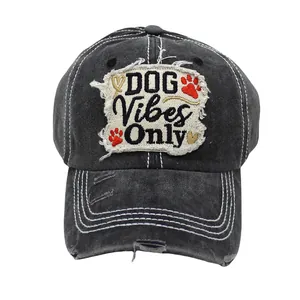 Distressed Washed Cotton Baseball Cap Vintage Ripped Hat With Dog Vibes Only Embroidered Patch Adjustable For Men Women