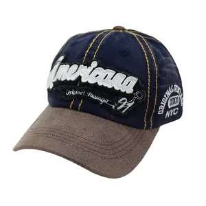 Vintage Americana baseball cap with embroidery, navy blue washed denim and brown brim