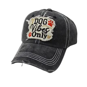Distressed dark grey cotton baseball cap with embroidered DOG Vibes Only patch
