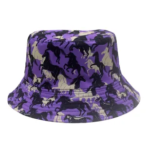 Detail of purple bucket hat with horse print, cotton fabric, and reinforced stitching