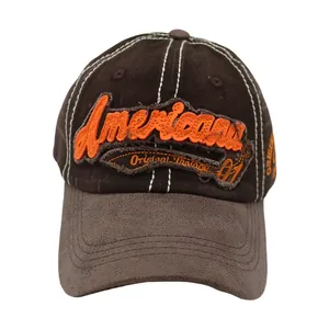 Detail of vintage baseball cap with American 3D embroidery and contrast stitching