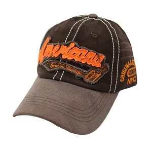 Vintage American embroidery baseball cap in washed brown cotton with distressed brim