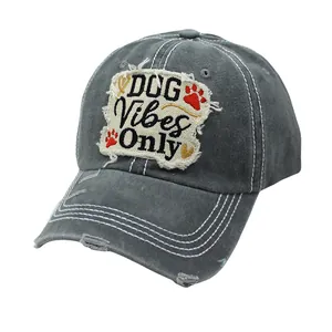Distressed grey cotton baseball cap with DOG Vibes Only embroidery and worn details