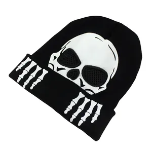 Bonnet en tricot noir avec motif de crâne lumineux pour Halloween et l'hiver