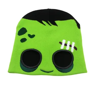 Bonnet en Tricot Monstre Halloween Enfant Design Amusant Vert Hiver Chaud Acrylique Jacquard pour Garçons et Filles
