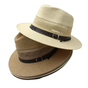 Men's Breathable Paper Straw Fedora Hat Mesh Hollow Sun Protection Summer Beach Panama Hat With Windproof Cord