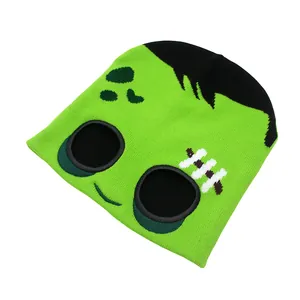 Bonnet en tricot Frankenstein vert pour enfants avec visage de dessin animé Halloween