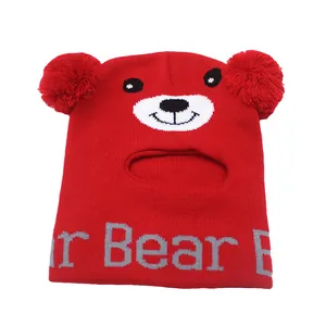Passamontagna in maglia rossa per bambini con pompon e scaldacollo integrato