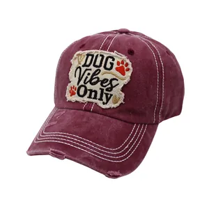 Burgundy washed cotton baseball cap with DOG Vibes Only patch and distressed details