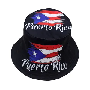 Black Puerto Rico flag bucket hat featuring white letter print and durable cotton fabric