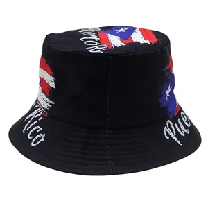 Black Puerto Rico flag bucket hat with paint splash design and white cursive lettering