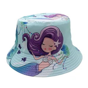 Detail of light blue bucket hat featuring colorful cartoon mermaid and ocean prints