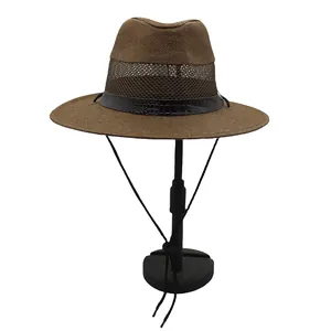 Brown breathable mesh straw sun hat for men with faux crocodile leather band and wind cord