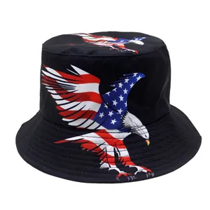 Black bucket hat featuring a patriotic eagle print with US flag stars and stripes pattern